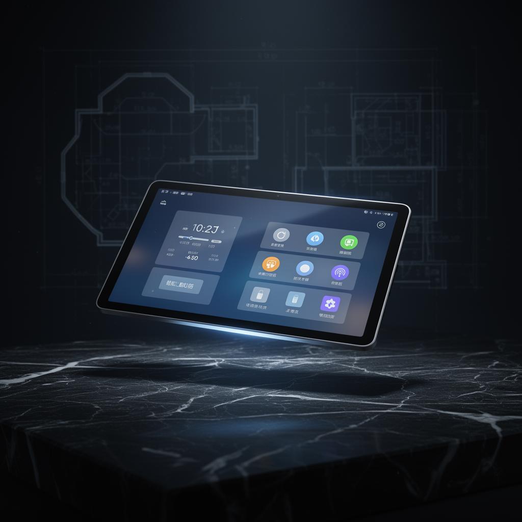Smart home control tablet on dark marble surface